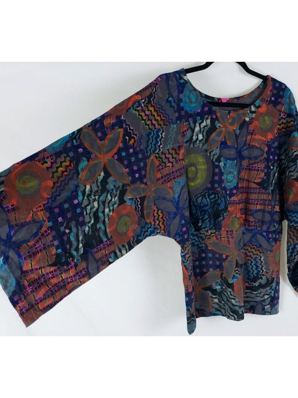 Art-to-Wear Eclectic Maximalist Lagenlook Top Womens L Dolman Floral Banded Hem